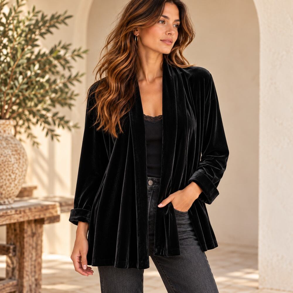 JS Collections Velvet Jacket Women S Black Open Front Cotton Vintage Pockets
